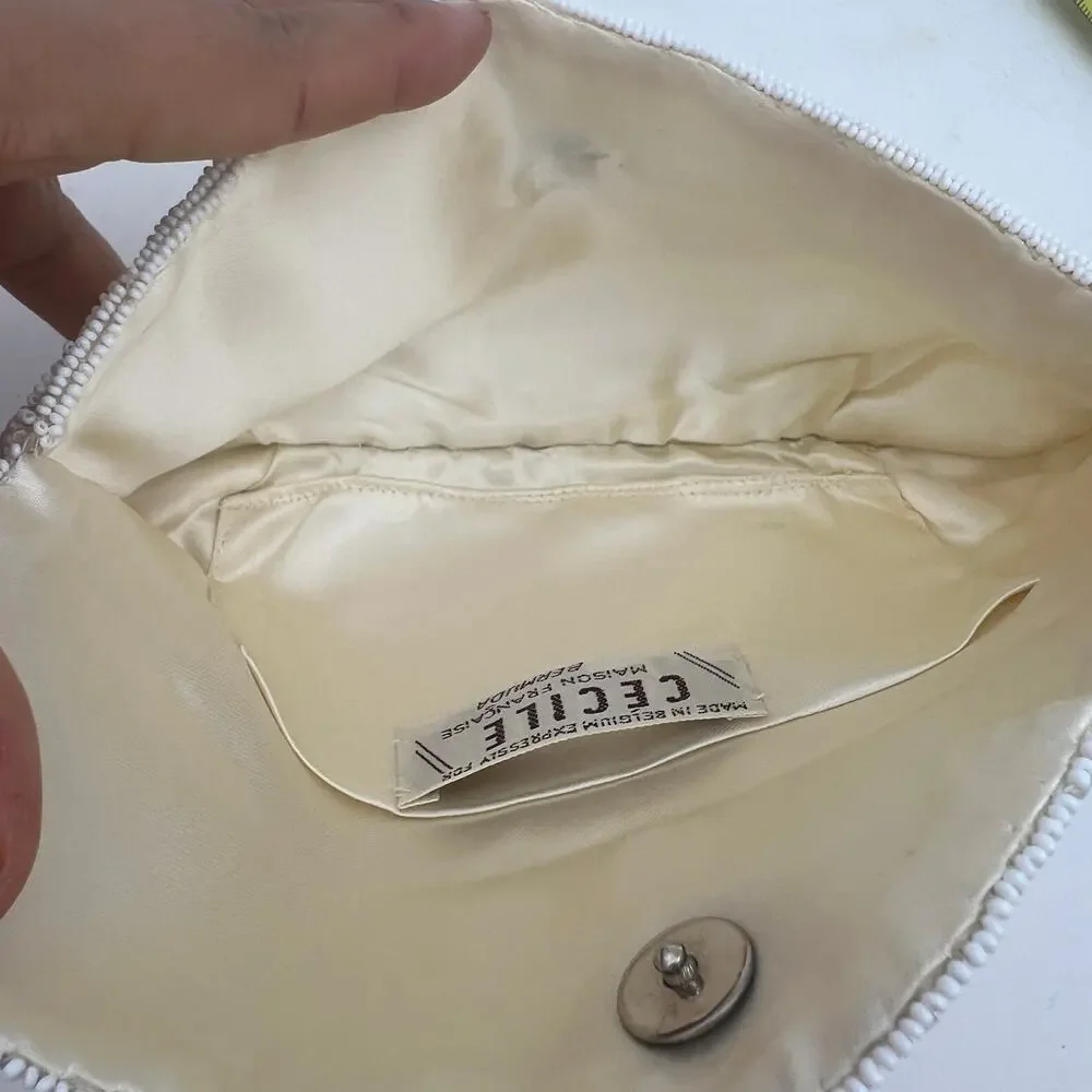 Vintage White Beaded Clutch Bag by Cecile